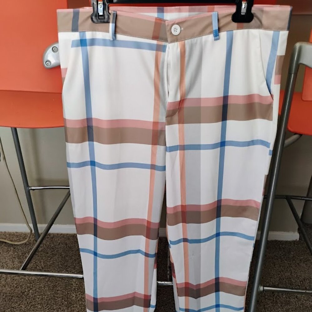 Men's Casual Slacks Plaid Check, Size Large